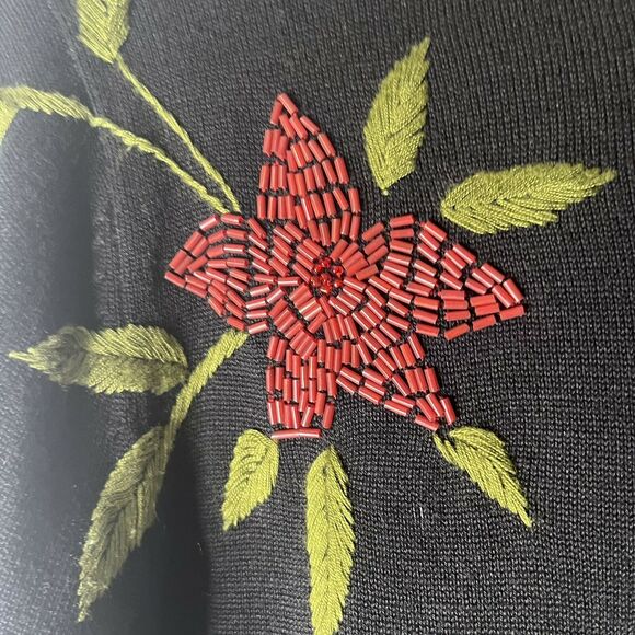 Silk Club Vintage Black Silk Cardigan Beaded Holiday Poinsettia size PM - Picture 3 of 6